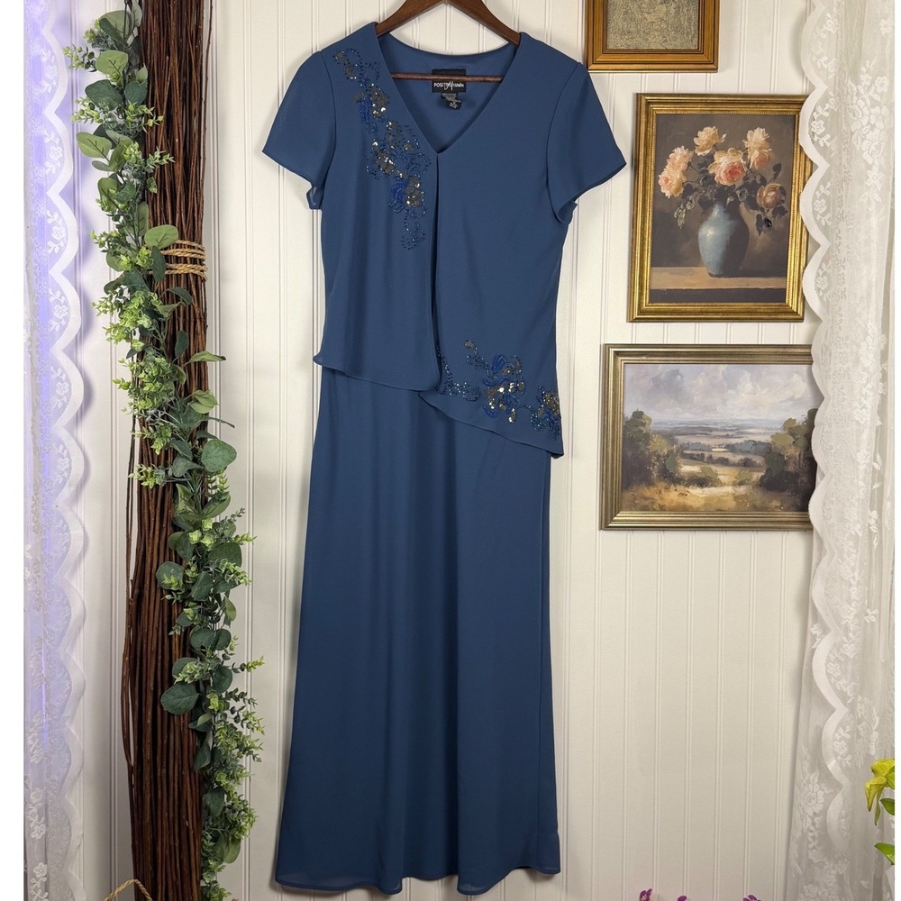 Positive Attitude Dress Womens 12 Petite Blue Excellent Beaded Mock Two-Piece